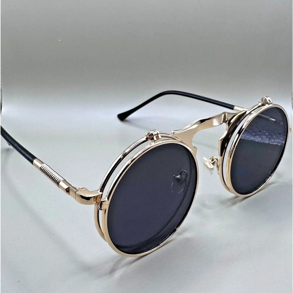 Music Festival Fashion Sunglasses Round Lenses Steampunk Flip-Up Unisex - Black